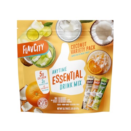 FlavCity Anytime Essential Coconut Variety Pack - Powder Drink Mix Packets with Collagen & Coconut Water - Water Flavoring Packets in 3 Flavors - Collagen Fiber & Electrolytes (30 Stick Packs)