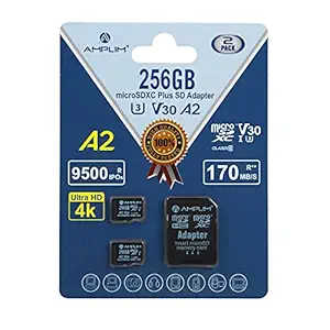 Amplim 256GB Micro SD SDXC Flash Memory Card, 170MB/s A2 UHS-I U3 V30 4K UHD & Full HD MicroSDXC Class 10 Pro TF Card Plus Adapter, 2 Pack