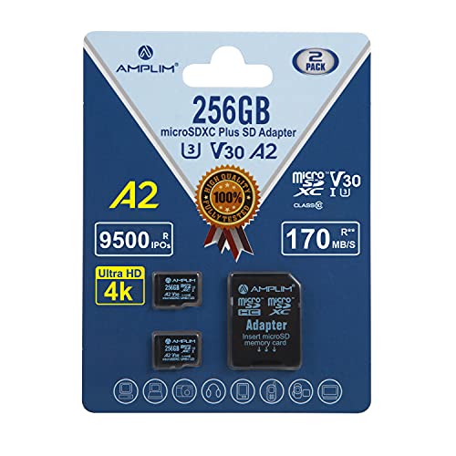 Amplim Micro SD Card 256GB | 2X 256 GB Memory Cards Plus Adapter, Extreme High Speed 170MB/S A2 MicroSDXC U3 Class 10 V30 UHS-I for Nintendo-Switch, Surface, Phone, Camera Cam, Tablet