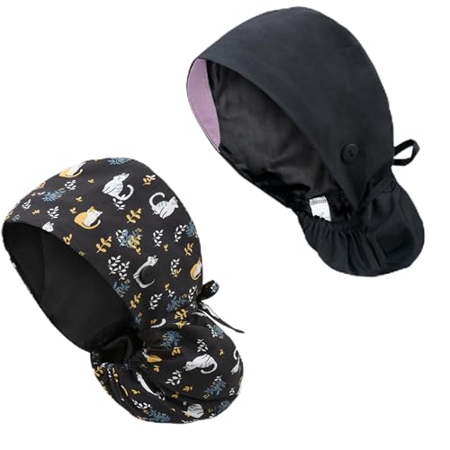 Satin-Lined Scrub Working Cap with Ponytail Pocket, 2 Packed Cotton Medical Hat with Sweatband &amp; Button, Elastic Bandage Tie Back Hats, One Size