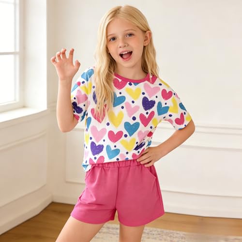 Image of Yoxindax Tween Girls Summer 2-Piece Outfit Set - Crew Neck Short Sleeve T-Cherry Print Shorts 7-14Y Summer Clothes