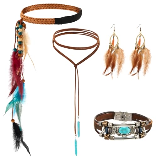 Otuuz 4 Vintage Indian Boho Karneval Accessoires Indianer Feder Stirnband Feder Ohrringe Lederhalskette Leder Wrap Cuff Armband für Frauen mit Hippie Tribal Mottoparty Schmuck (Boho)