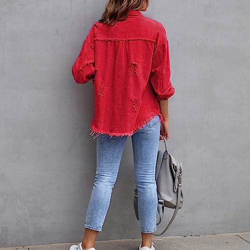 Womens Oversized Denim Jacket 2025 Fall Casual Ripped Frayed Shacket Jean Coat Western Shacket with Pockets3