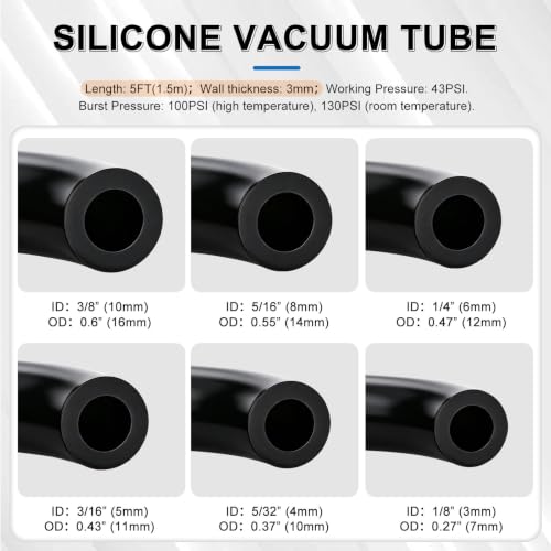 Image of Tnisesm 134PCS Vacuum Hose Automotive Kit 5FT,1 /8 inch 5 /32 inch 3 /16 inch 1 /4 inch 5 /16 inch 3 /8 inch Tubings with 128PCS Connectors ID High Performance 130PSI Silicone Vacuum Hose line Kit