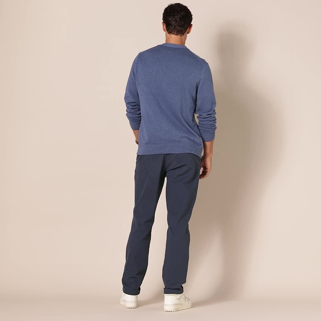 Essentials Pantalón Chino Elástico De Corte Ajustado, Resistente A Las Arrugas, Con Parte Delantera Lisa Hombre, Azul Marino, 28W / 29L