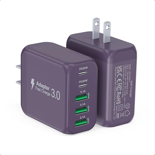 Image of 50W 2-Pack USB C Wall Charger Block, 5-Port C Charger Fast Charging Block PD Power Adapter +QC Multiport Type C Box Brick Cube USB A Wall Plug for iPhone 14 /15 /16 /17 Pro Max,Samsung Galaxy(Purple)