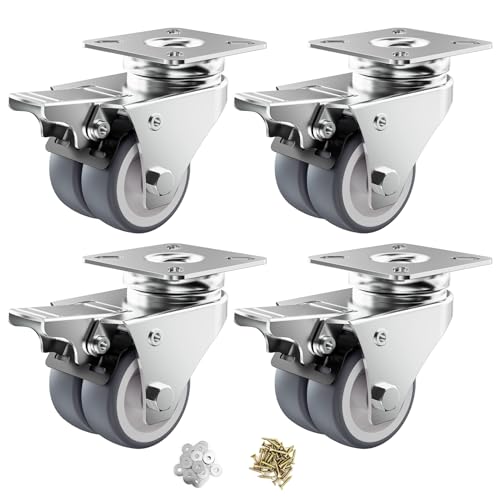 Image of 2 inch Double Wheel Casters with Brake (4 Pack) | Gray TPR, Heavy Duty, Non-Marking, Swivel Plate Dual Locking, For Garage Workshop Cart