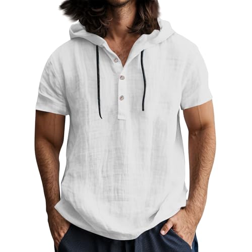 Linen Hoodie Men Summer Short Sleeve Vneck Tshirts Lightweight Breathable Drawstring Hooded Shirts with Hood Solid Color Oversized Tshirt Mens Linen Shirt Casual Boho Beachy Tops Resort Wear