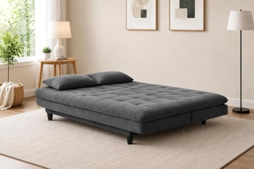 Image of Velvet Fabric Wooden 3-Seater Apsen Sofa Bed with Tufted Couch with Adjustable Backrest- Living Room Furniture-Grey-Color