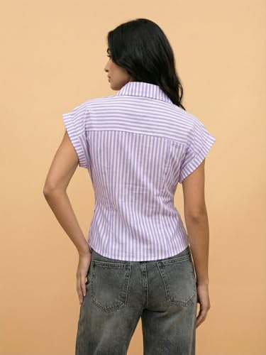 Image of Women Striped Wrap Style Cotton Shirt Drop Shoulder Casual Wear