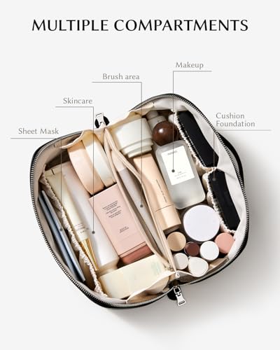 Image of EACHY Travel Makeup Bag, Lychee Leather Large Capacity Cosmetic Bag for Women, Open Flat Toiletry Bag with TPU Brush Compartment, Waterproof Skincare Organizer Travel Essentials