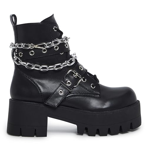 Dolls Kill Bad Girl Blues Platform Boots by Current Mood - Vegan Leather Boots with Buckles & Chain Link for Edgy Streetwear