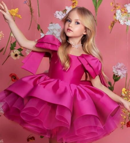 Satin Puffy Flower Dresses Short Girls Pageant Prom A Line Sleeveless Princess Bow Knot Birthday Party Gown PT6173