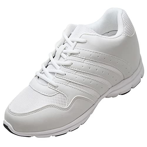 CALTO Men's Invisible Height Increasing Elevator Shoes - White Leather/Mesh Lace-up Lightweight Sporty Trainer Sneakers - 3.2 Inches Taller - G8818 - Size 9 D(M) US