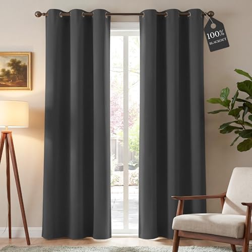 NICETOWN 100% Blackout Grey Curtains 84 Inches Long for Bedroom, ...