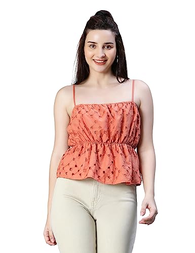 Image of oxolloxo Women Schiffli Elsaticated Shoulder Strap Cotton Top