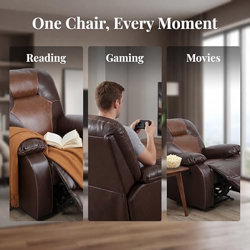 Image of Oversized Single Leather Manual Lounge Recliner Chair Bed, Brown