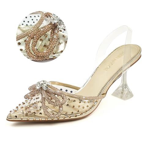 JENN ARDOR Women’s Heels for Bride Sparkly Low Heels Slingback Pumps 3.4 inch Clear Kitten Heels Wedding with Rhinestones Bow Pumps Pointed Toe Sandals Dress Shoes for Prom Party Dating