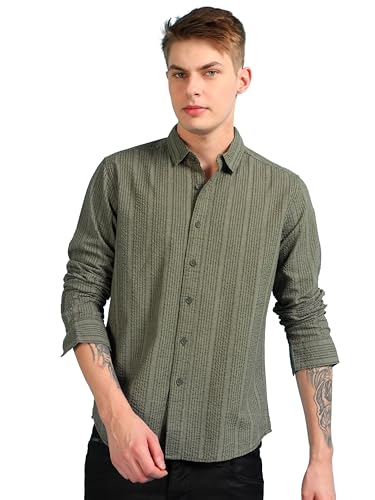 Image of StitchX Men's Full Sleeve Textured Casual Spread Collar Shirt