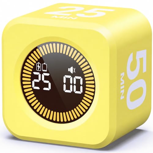 Image of KADAMS Timer Pomodoro - Productivity Pomodoro Cube, 5 /10 /25 /50 Min Countdown & Countup, Silent - for Work Study Workout Kitchen School Classroom Office ADHD Gift Kids (1, Yellow)
