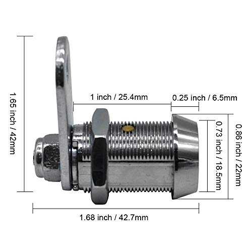 2Pcs Tubular Cam Lock 1 inch Cabinet Lock Keyed Alike with Chrome Finish for Vending Machine Tool Box Mailbox ATM