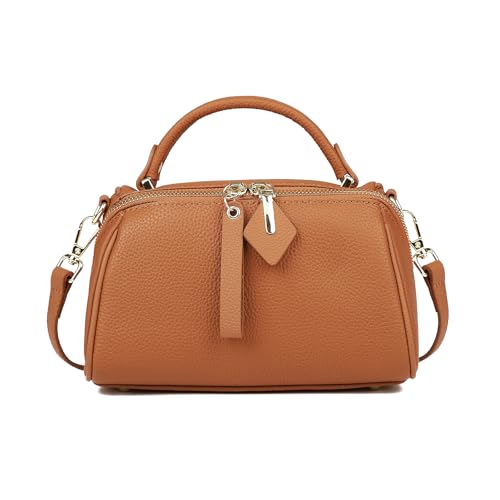 MFFOR Genuine Leather Boston Bags for Women, Crossbody Bags Vintage Top Handle Satchels for Ladies with Adjustable Strap (Golden Brown)