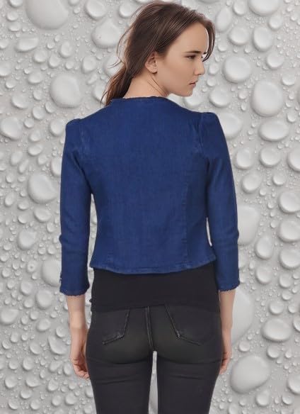 Image of Women's Blue Cropped Blazer, 3 /4 Sleeve, Button Front, Formal Jacket