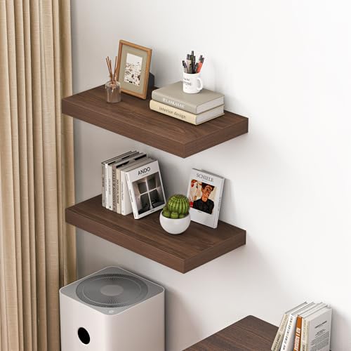 Image of Dreamland 24 inch Floating Shelves for Wall, 12 inch Deep Thicker Walnut Floating Shelves, Wall-Mounted Shelves for Bedroom, Living Room, Kitchen, Bathroom - Set of 2