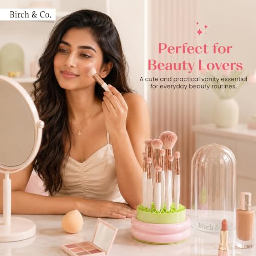 Image of Birch & Co. 4-in-1 Makeup Brush Holder Organizer with Dustproof Lid,Silicon Brush Cleaning Mat & Hanging Drying Rack, Portable Makeup Organisers Case for Sponges, Puffs & Brushes, Pink & Green