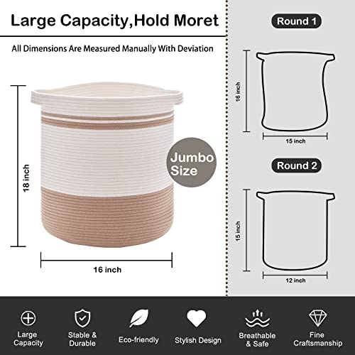 Oiahomy Laundry Basket- Rope Basket Large Storage Basket With Handles,Modern Decorative Woven Basket For Living Room,Storage Baskets For Toys, Throws, Pillows,And Towels -18"×16"-White&Yellow #TOP2