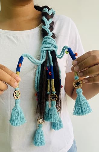 Image of Zippy Flora Neelima Handmade Boho Parandi (Sky Blue) | Traditional Punjabi Cotton Paranda Hair Accessory with Braid Tassels | Women's Ethnic Hair Extension for Choti, Braids & Patiala Shahi Hairstyles
