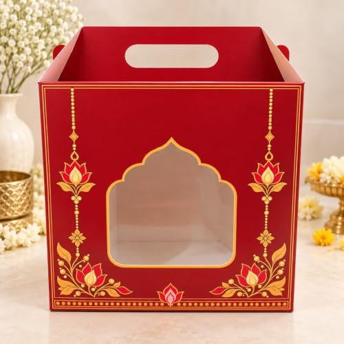 Image of SATYAM KRAFT 6 Pcs Red & Golden Gift Hamper Box with Window & Handle,Decorative Gift Packaging Box for Wedding, Festive Gifting, Sweets, Dry Fruits, Return Gifts & Celebrations (Small)