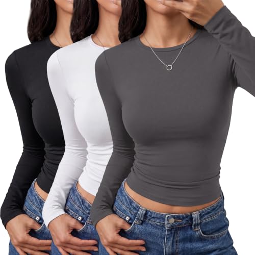 TNNZEET 3 Pack Womens Long Sleeve Shirts CrewNeck Basic Fitted Tees Y2K Top