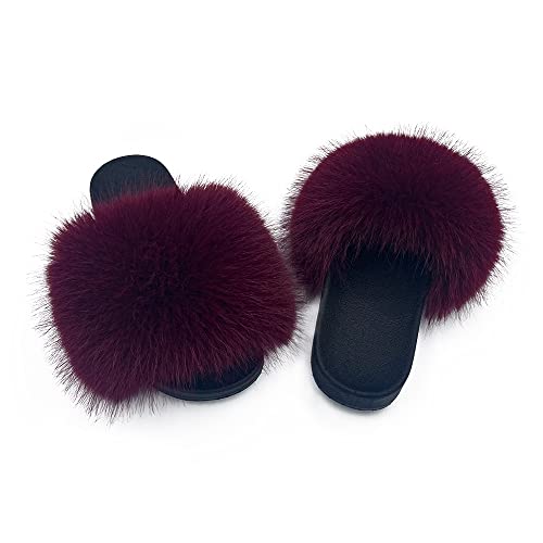 Image of Women's Faux Fur Slides Slippers Fluffy Fuzzy Sandals Open Toe Furry Slide Flip Flop Indoor Outdoor