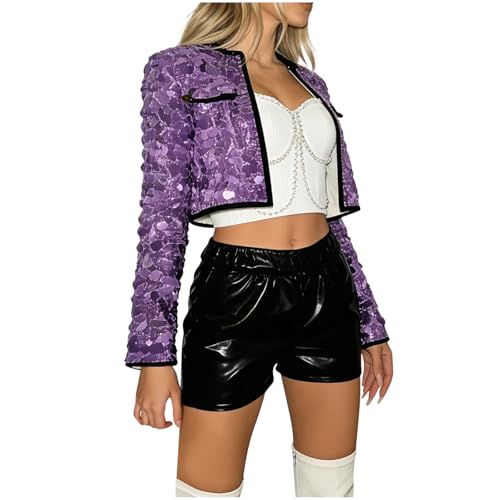 HGps8w Women's Short Sequins Jacket Long Sleeve Sparkling Cropped Blazer