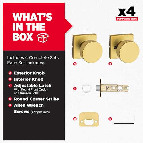 Image of Kwikset Pismo Interior Square Passage Door Knob, Handle for Closet and Hallway Doors, Non-Locking Doorknob, Satin Brass 4 Pack
