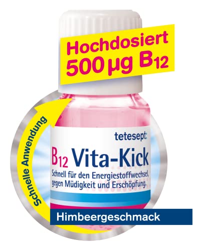 tetesept B12 Vita-Kick Trinkampullen Intensiv-Kur – Nahrungsergänzungsmittel für den Energiestoffwechsel, gegen Erschöpfung - hochdosierte Vitamin B12 Ampullen – Wochenpackung à 7 Trinkfläschchen