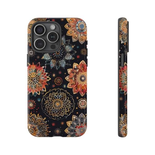 Coque rigide brillante pour iPhone 15 Pro Max noir au motif mandala coloré premium