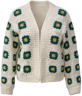 سترة نسائية كروشيه بنمط مربعات الجدة، بيج مع زهور خضراء وصفراء، تصميم ريترو كروب جاكت