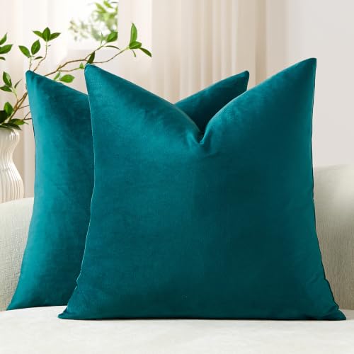 DEZENE Throw Pillow Covers 18x18 Teal: Pack of 2 Cozy Soft Velvet Square Modern Luxury Decorative Throw Pillow Cases for Sofa Couch Living Room Bed Home Decor