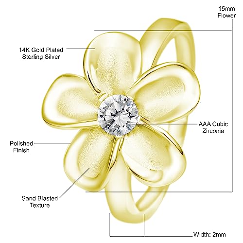 925 Sterling Silver 15mm Hawaiian Plumeria Flower Ring with Cubic Zirconia, 14K Gold Plated, Nickel Free Hypoallergenic for Sensitive Skin, Hawaii Island Jewelry, with Gift Box4