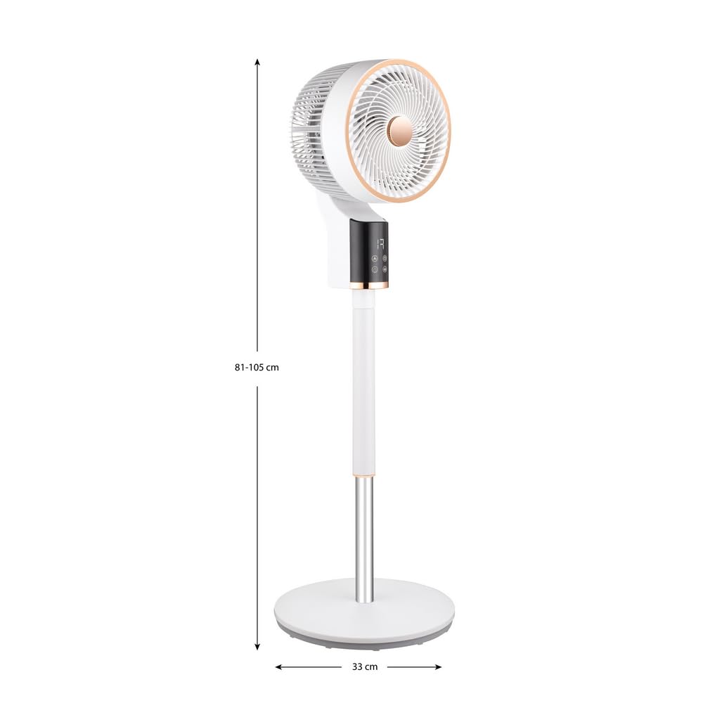 Brigros White - Ventilatore a Piantana Arion 50W con Display LED e Timer 12 Ore, Ventola Turbo con Oscillazione Verticale e Orizzontale, 3 Velocità, Altezza Regolabile, 31x26x105 cm
