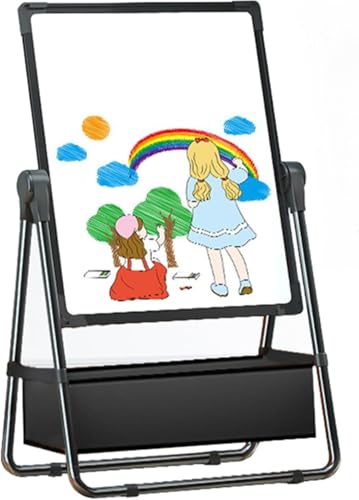 【Zeusom】お絵かきボード 子供用イーゼル ホワイトボード 両面製図ボード 鉄製 360° 回転 高さ調整可能 折りたたみ式 大容量収納バスケット付き 知育玩具 家庭用 幼稚園 絵画 学習 作業用 使いやすい (プレートサイズ40×50cm昇降高さ90