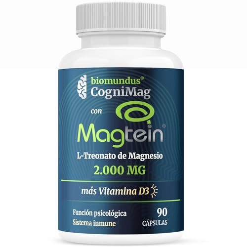 L-treonato de Magnesio Magtein® 2000 mg biomundus + Vitamina D3 2.000 UI dosis. Magnesio treonato Función cerebral óptima, mejor descanso, sueño, memoria, sistema inmune, músculos y huesos 90 cápsulas
