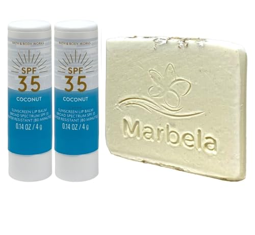 Bath & Body Works Coconut Sunscreen 2 Lip Balms Sun Protection Factor (SPF) 35 with a Natural Oats Sample Soap