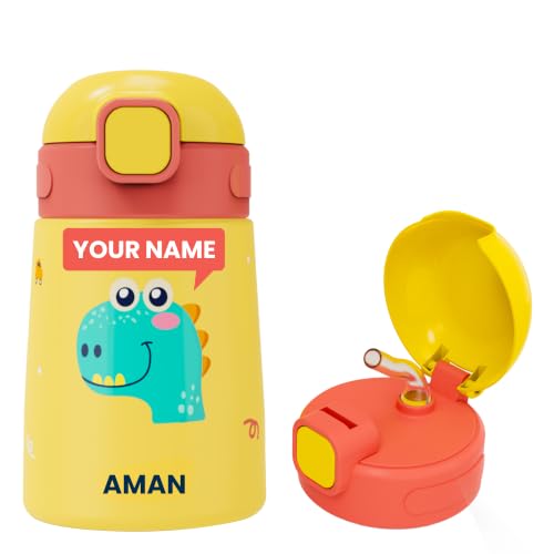 Image of rabitat Milo Personalized Stainless Steel Water Bottle 350ml | 2 Year Brand Warranty | BPA Free | Leakproof Steel Sipper Bottle for Kids | Flip Lock Lid with Straw | Easy Carry Handle Dino Dash