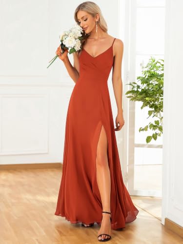 Image of Ever-Pretty Women's Summer Backless Spaghetti Straps Bridesmaid Dresses Chiffon V-Neck Slit Long Formal Wedding Guest Dress