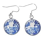 'Blue Willow', Willow Ware Blue and White Cabochon Dangle Earrings (Blue Willow)