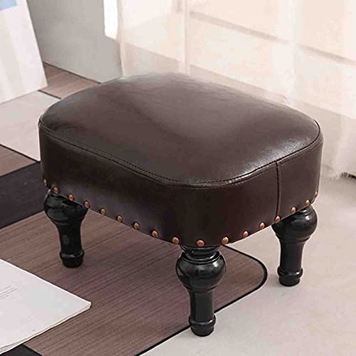 Taburete pequeño de cuero marrón vintage para sala de estar tapizado y taburete de madera de goma con diseño clásico