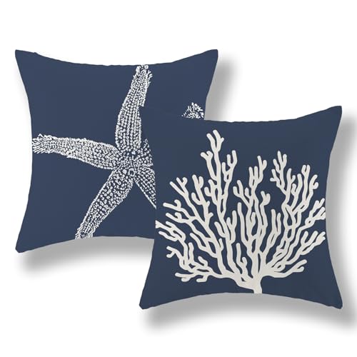 Blue Starfish Pillow Covers 18x18 Inch Set of 2 Nautical Ocean Coastal Blue Coral Throw Pillows Spring Summer Decorations Linen Pillowcase Outdoor Decor Farmhouse Cushion Case for Home Holiday